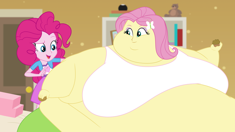 Size: 2560x1440 | Tagged: questionable, artist:neongothic, derpibooru import, fluttershy, pinkie pie, human, equestria girls, bbw, belly, big belly, bingo wings, breasts, busty fluttershy, chubby cheeks, cookie, double chin, fat, fat boobs, fattershy, female, food, huge belly, humanized, image, immobile, impossibly large belly, morbidly obese, muffin, obese, png, smiling, ssbbw, story included, weight loss