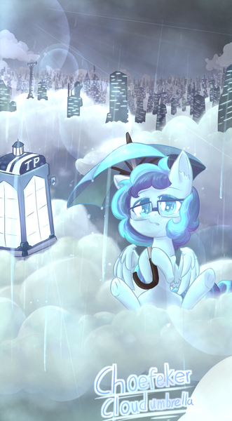 Size: 1080x1960 | Tagged: safe, artist:kang131, derpibooru import, oc, oc:cloud umbrella, pegasus, cloud, glasses, lens flare, looking at you, phone booth, rain, skyscraper, tower, umbrella