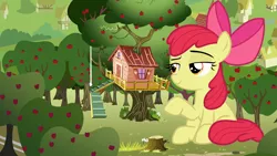 Size: 3840x2160 | Tagged: safe, artist:dipi11, artist:sollace, derpibooru import, edit, editor:jaredking203, apple bloom, earth pony, pony, apple, apple bloom's bow, apple tree, bow, clubhouse, crusaders clubhouse, female, filly, food, giant pony, giant/macro earth pony, giantess, hair bow, macro, raised hoof, sitting, solo, tree, tree stump