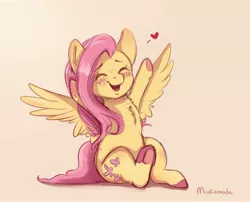 Size: 2855x2307 | Tagged: safe, artist:miokomata, derpibooru import, fluttershy, pegasus, pony, blushing, chest fluff, colored hooves, cute, eyes closed, female, floating heart, freckles, freckleshy, heart, mare, open mouth, pink background, shyabetes, simple background, sitting, smiling, solo, underhoof
