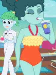 Size: 1536x2063 | Tagged: safe, derpibooru import, screencap, leafy mint, equestria girls, equestria girls series, spring breakdown, background human, clothes, cropped, drinking, female, milf, solo focus, sweet smoothie, swimsuit