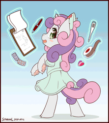 Size: 1200x1350 | Tagged: safe, artist:symbianl, derpibooru import, sweetie belle, pony, unicorn, animated, anime style, bipedal, clipboard, cute, cute little fangs, diasweetes, fangs, female, frog (hoof), gif, glowing horn, horn, levitation, looking at you, looking back, looking back at you, magic, magic aura, medicine, nurse outfit, open mouth, pen, pills, solo, sweetie belle's magic brings a great big smile, tape, telekinesis, thermometer, underhoof