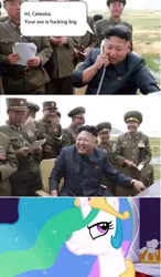 Size: 702x1206 | Tagged: suggestive, derpibooru import, princess celestia, human, the return of harmony, comic, irl, irl human, kim jong-un, meme, north korea, photo, this will end in war, vulgar