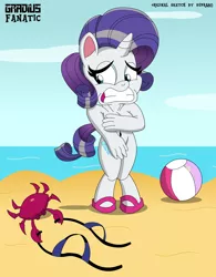 Size: 2550x3261 | Tagged: suggestive, artist:gradiusfanatic, artist:supra80, derpibooru import, rarity, anthro, unicorn, my little pony: pony life, assisted exposure, beach, bikini, breasts, clothes, clothing theft, collaboration, embarrassed, embarrassed nude exposure, female, naked rarity, nudity, swimsuit, swimsuit theft