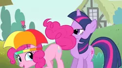 Size: 640x360 | Tagged: safe, derpibooru import, screencap, pinkie pie, twilight sparkle, unicorn, feeling pinkie keen, hat, needs more jpeg, out of context, tail, tail on face, umbrella hat, unicorn twilight