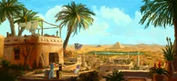 Size: 1980x907 | Tagged: safe, artist:plainoasis, derpibooru import, daring do, rainbow dash, pegasus, pony, building, desert, flower, palm tree, pyramid, scenery, scenery porn, somnambula (location), tree, water