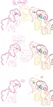 Size: 1324x2638 | Tagged: suggestive, artist:doodledandy, derpibooru import, fluttershy, pinkie pie, posey shy, earth pony, pegasus, pony, blush sticker, blushing, comic, female, implied porn, limited palette, mare