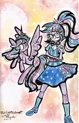Size: 1280x1989 | Tagged: safe, artist:twilightcomet, derpibooru import, sci-twi, twilight sparkle, twilight sparkle (alicorn), alicorn, pony, equestria girls, abstract background, clothes, duality, duo, female, glasses, human ponidox, mare, raised hoof, redraw, self ponidox, skirt, smiling, traditional art, twolight