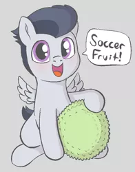 Size: 662x844 | Tagged: safe, artist:heretichesh, derpibooru import, rumble, pegasus, pony, blushing, colt, cute, dialogue, durian, excited, food, happy, male, rumblebetes, smiling, solo, text