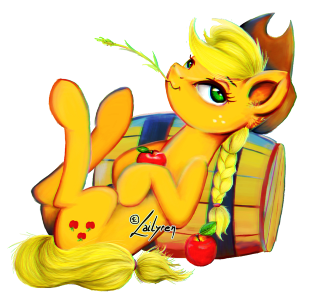 Size: 930x905 | Tagged: safe, artist:lailyren, derpibooru import, applejack, earth pony, pony, apple, barrel, braid, cowboy hat, female, food, hat, mare, obligatory apple, simple background, solo, straw in mouth, transparent background