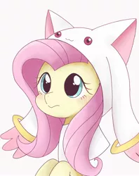 Size: 1622x2048 | Tagged: safe, artist:arrow__root, derpibooru import, fluttershy, pony, blushing, bust, clothes, cosplay, costume, crossover, cute, emiri katou, female, incubator (species), japanese, kyubey, kyubeyshy, mare, moon runes, puella magi madoka magica, shyabetes, simple background, solo, voice actor joke, white background