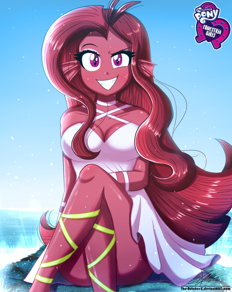 Size: 920x1160 | Tagged: safe, artist:the-butch-x, derpibooru import, oc, oc:mezma, unofficial characters only, equestria girls, breasts, butch's hello, cleavage, clothes, crossed legs, disguise, disguised siren, dress, equestria girls logo, female, hello x, legs, looking at you, sandals, schrödinger's pantsu, signature, sleeveless, smiling, solo, thighs