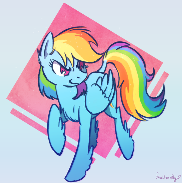 Size: 1000x1002 | Tagged: safe, artist:featherrfly, derpibooru import, rainbow dash, pegasus, pony, abstract background, chest fluff, dock, ear fluff, female, leg fluff, mare, no pupils, smiling, solo