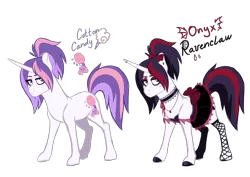 Size: 4093x2894 | Tagged: safe, artist:whalepornoz, derpibooru import, oc, oc:cotton candy, oc:onyx ravenclaw, pony, unicorn, adopted offspring, alternate hair color, clothes, cutie mark, dress, dyed mane, eyeshadow, female, fishnets, frown, goth, horn, horn piercing, jewelry, makeup, necklace, offspring, parent:sapphire shores, parent:sassy saddles, piercing, ponytail, simple background, transparent background