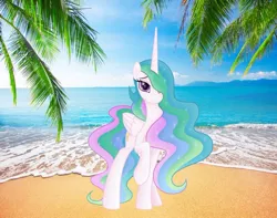 Size: 800x629 | Tagged: safe, artist:negatif22, artist:princesslunayay, derpibooru import, princess celestia, alicorn, pony, adorasexy, beach, beautiful, cute, cutelestia, female, irl, looking at you, mare, ocean, palm tree, photo, ponies in real life, raised hoof, sand, sexy, sky, smiling, smiling at you, solo, tree