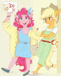 Size: 2000x2500 | Tagged: safe, artist:silbersternenlicht, derpibooru import, applejack, pinkie pie, anthro, earth pony, applejack's hat, bag, bandana, cardigan, clothes, cowboy hat, crocs, cupcake, ear piercing, earring, food, hat, hooped earrings, jewelry, open mouth, overalls, piercing, wristband