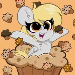 Size: 2048x2048 | Tagged: safe, artist:kittyrosie, derpibooru import, derpy hooves, pegasus, pony, chest fluff, cute, derpabetes, female, food, high res, mare, muffin, open mouth, orange background, ponies in food, simple background, solo, that pony sure does love muffins