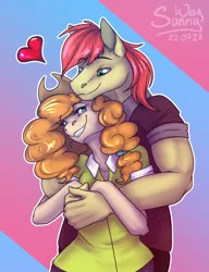 Size: 922x1200 | Tagged: source needed, useless source url, safe, artist:sunny way, derpibooru import, bright mac, pear butter, anthro, brightbutter, cute, female, hug, image, love, male, patreon, patreon reward, png, shipping, smiling, straight, true love