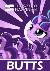 Size: 1131x1600 | Tagged: safe, artist:mysticalpha, derpibooru import, edit, starlight glimmer, pony, unicorn, the cutie map, ass worship, butt, butts, equal cutie mark, equality, equality mark, glimmer glutes, line-up, plot, plotline, propaganda, s5 starlight, sunburst background