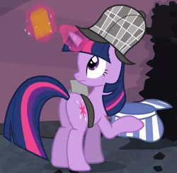 Size: 1420x1391 | Tagged: safe, derpibooru import, screencap, twilight sparkle, pony, unicorn, mmmystery on the friendship express, butt, cropped, deerstalker, female, hat, letter, magic, mare, plot, solo, telekinesis, twibutt, unicorn twilight