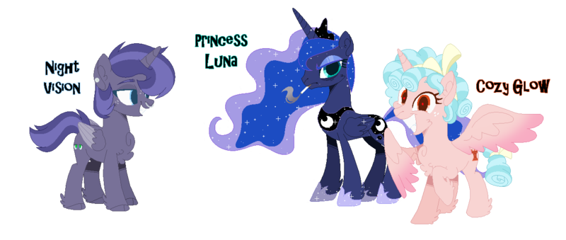 Size: 1362x577 | Tagged: safe, artist:cinnam0chi, artist:nsmah, artist:selenaede, derpibooru import, cozy glow, princess luna, oc, oc:night vision, alicorn, pony, alicorn oc, alicornified, alternate hairstyle, base used, chest fluff, cigarette, cozycorn, cozyluna, ear piercing, earring, eyes do not belong there, eyeshadow, family, female, freckles, grin, hoof shoes, horn, jewelry, lesbian, luna is not amused, magical lesbian spawn, makeup, mare, mother and child, mother and daughter, nose piercing, nose ring, offspring, older, older cozy glow, parent:cozy glow, parent:princess luna, parents:cozyluna, piercing, race swap, raised hoof, regalia, shipping, simple background, smiling, smoking, transparent background, unamused, wings