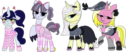 Size: 1280x536 | Tagged: safe, artist:icey-wicey-1517, artist:northernlightsone, color edit, derpibooru import, edit, inky rose, lily lace, moonlight raven, sunshine smiles, bat, pegasus, pony, unicorn, alternate hairstyle, anklet, boots, bow, bracelet, choker, clothes, collaboration, colored, deely bobbers, dress, duo, ear piercing, earring, eyeshadow, feather, female, girly, goth, hair bow, hairband, hat, heart, jewelry, makeup, mare, piercing, ponytail, raised hoof, shoes, simple background, skirt, skull, socks, spiked wristband, stockings, striped socks, sweater, thigh highs, torn clothes, transparent background, unshorn fetlocks, witch hat, wristband