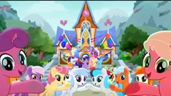 Size: 1080x603 | Tagged: safe, derpibooru import, screencap, applejack, fluttershy, kerfuffle, petunia petals, rainbow dash, rarity, sunny skies, torque wrench, twilight sparkle, unnamed character, unnamed pony, earth pony, pegasus, pony, unicorn, rainbow roadtrip, background pony, bowtie, bright vision, crystal potion, crystal star, female, hat, heart, heart hoof, hydrangea (character), living in color, lockpick (character), male, mare, periwinkle breeze, photo, puppy love (character), quiet paws, rose honey, sand dune, stallion, summer melon, top hat, underhoof