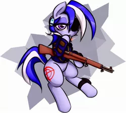 Size: 2808x2517 | Tagged: safe, artist:jetwave, derpibooru import, oc, oc:bullseye, unofficial characters only, earth pony, pony, abstract background, cigarette, clothes, commission, earth pony oc, eyepatch, female, gun, jacket, leg band, lidded eyes, looking at you, m1 garand, mare, smoking, solo, weapon