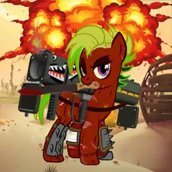 Size: 2500x2500 | Tagged: semi-grimdark, artist:firehearttheinferno, derpibooru import, oc, oc:bloody mary mckillacutty, oc:merry blood, oc:queen bloody mary, unofficial characters only, earth pony, pony, fallout equestria, my little pony: the movie, 2d, 3d, 3d model, armor, backstory in description, badass, bandage, bandaged leg, blade, blood, bone dry desert, bracelet, chains, concept art, concept for a fanfic, cracked hooves, decal, description is relevant, desert, explosion, fallout, fallout 4, fallout equestria: equestria the beautiful, female, fire, highlights, imminent death, j-7 warbird, klugetown, leather, leather straps, machete, mad max, massacre, mother, murder, muscles, muscular female, neon mane, purple eyes, raider, raider armor, red coat, rocket launcher, scar, scarred, scuff mark, shark decal, showing off, sidehawk, smoke, solo, spiked armor, spiked wristband, spikes, steam, tattoo, warlord, weapon, weathered, wristband
