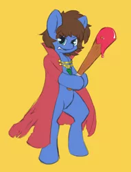 Size: 4501x5906 | Tagged: safe, artist:maxisb8, derpibooru import, oc, oc:bizarre song, unofficial characters only, bat, pony, angry, baseball bat, blood, broken horn, cape, clothes, gift art, horn, jewelry, looking at you, necklace, simple background, smiling, smirk, solo, standing