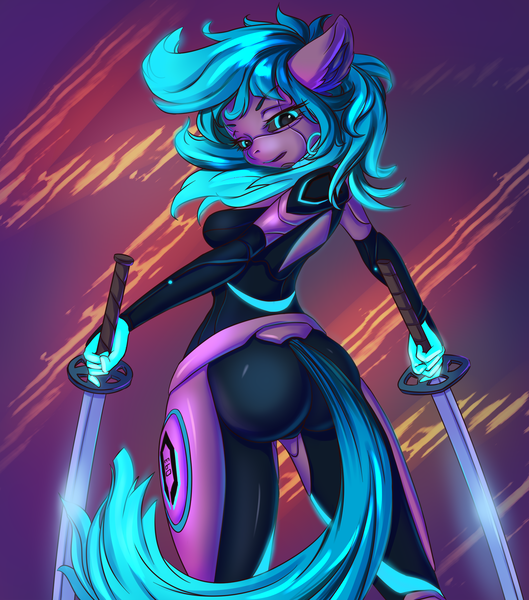 Size: 1900x2153 | Tagged: suggestive, artist:prisma6, derpibooru import, anthro, cyborg, breasts, butt, female, solo, sword, tail, weapon