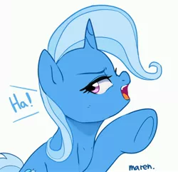 Size: 4000x3856 | Tagged: safe, artist:maren, derpibooru import, trixie, pony, unicorn, dialogue, female, ha, high res, mare, open mouth, profile, simple background, solo, underhoof, white background