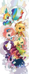 Size: 550x1395 | Tagged: safe, artist:a-nup, derpibooru import, applejack, fluttershy, pinkie pie, rainbow dash, rarity, twilight sparkle, earth pony, pegasus, pony, unicorn, alternate hairstyle, clothes, cute, dress, eyes closed, female, gala dress, mane six, mare, one eye closed, open mouth, pony pile, smiling, solo, tower of pony, unicorn twilight, wink, zoom layer