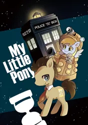 Size: 504x713 | Tagged: safe, artist:a-nup, derpibooru import, derpy hooves, doctor whooves, time turner, earth pony, pegasus, pony, crossover, dalek, doctor who, duo, female, male, mare, stallion, tardis, the doctor