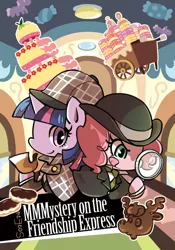 Size: 500x714 | Tagged: safe, artist:a-nup, derpibooru import, pinkie pie, twilight sparkle, pony, mmmystery on the friendship express, bowler hat, bust, cake, deerstalker, dessert, detective, donut, donutopia, duo, eclair, female, food, hat, magnifying glass, mare, marzipan mascarpone meringue madness, mousse moose, pipe, profile, sherlock holmes, tongue out, train