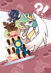 Size: 500x714 | Tagged: safe, artist:a-nup, derpibooru import, princess celestia, princess luna, alicorn, pony, mmmystery on the friendship express, bust, cake, cakelestia, cute, donut, duo, eating, exclamation point, female, food, interrobang, mare, marzipan mascarpone meringue madness, open mouth, question mark, ribbon, royal sisters, siblings, sisters