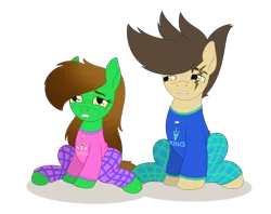 Size: 2314x1836 | Tagged: safe, artist:dyonys, derpibooru import, oc, oc:lucky brush, oc:night chaser, pony, clothes, female, freckles, husband and wife, luckychaser, male, mare, pajamas, scar, simple background, sitting, sleepy, stallion, tired, transparent background