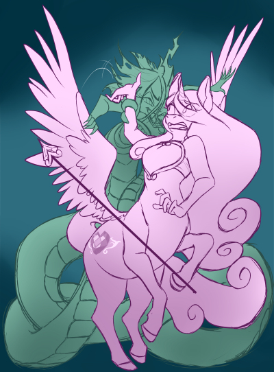 Size: 400x542 | Tagged: safe, artist:broeckchen, derpibooru import, princess cadance, queen chrysalis, anthro, centaur, lamia, original species, centaurified, lamiafied, ponytaur, spear, species swap, weapon