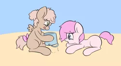 Size: 5426x2960 | Tagged: safe, artist:maxisb8, derpibooru import, oc, oc:kayla, oc:mary jane, unofficial characters only, earth pony, pegasus, pony, beach, bow, bucket, duo, female, filly, kayry, lesbian, lying down, oc x oc, pigtails, playing, sand, sandcastle, shipping, sitting, sky, small wings, surprised, tail bow, tongue out, wings, young