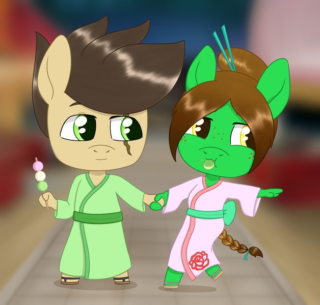 Size: 1779x1699 | Tagged: safe, artist:dyonys, derpibooru import, oc, oc:lucky brush, oc:night chaser, anthro, unguligrade anthro, alternate hairstyle, chibi, dango, eating, female, food, freckles, holding hands, image, jpeg, luckychaser, male, mochi, scar, yukata