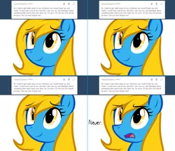 Size: 1282x1112 | Tagged: safe, artist:marytheechidna, derpibooru import, oc, oc:internet explorer, ponified, earth pony, pony, ask internet explorer, ask, bait and switch, blue coat, browser ponies, face, female, internet explorer, looking up, mane, mare, nope, open mouth, simple background, slow, smiling, solo, text, tongue out, tumblr, white background, yellow eyes, yellow mane