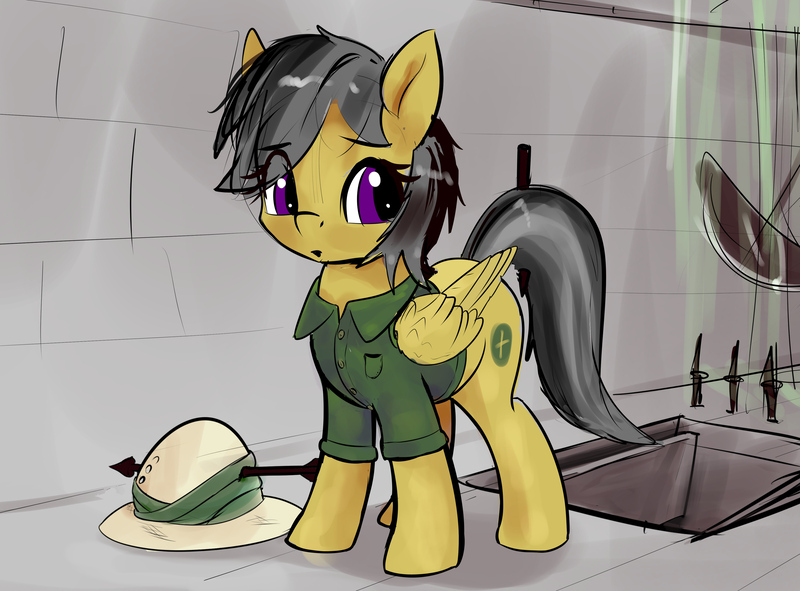 Size: 4023x2973 | Tagged: safe, artist:xbi, derpibooru import, daring do, pegasus, pony, 30 minute art challenge finished after, arrow, clothes, dungeon, female, folded wings, hat, high res, jacket, looking back, mare, solo, trap (device), wings, wrong eye color