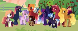 Size: 1280x516 | Tagged: safe, artist:vintagefeline, derpibooru import, big macintosh, twilight sparkle, twilight sparkle (alicorn), oc, oc:bumble comet, oc:caramel kingston fair apple, oc:dusk constellation, oc:poppysweet meadow, oc:starkrimson nebula, oc:startrotter soul, oc:twilight gaze, alicorn, earth pony, pony, unicorn, alternate design, baby, baby pony, bowtie, colored hooves, colt, curved horn, dappled, earth pony oc, ethereal mane, family, female, filly, freckles, glasses, horn, long horn, male, mare, neckerchief, offspring, parent:big macintosh, parent:twilight sparkle, parents:twimac, raised hoof, shipping, stallion, starry mane, straight, sweet apple acres, twimac, unicorn oc, unshorn fetlocks