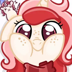 Size: 894x894 | Tagged: safe, artist:redpalette, derpibooru import, oc, oc:red palette, pony, rat, unicorn, base used, birthday, clothes, cute, female, horn, mare, pomf, scarf, smiling, squished face, squishy cheeks, unicorn oc