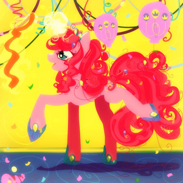 Size: 1000x1000 | Tagged: safe, artist:aruva-chan, derpibooru import, pinkie pie, alicorn, pony, alicornified, balloon, confetti, female, glowing horn, hoof shoes, horn, mare, pinkiecorn, princess pinkie pie, race swap, solo, streamers, xk-class end-of-the-world scenario