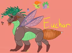 Size: 1280x954 | Tagged: safe, artist:d3pressedr4inbow, derpibooru import, spike, thorax, oc, oc:euchar, changedling, changeling, dragonling, hybrid, interspecies offspring, king thorax, magical gay spawn, offspring, parent:spike, parents:thoraxspike, parent:thorax, pink background, simple background, solo