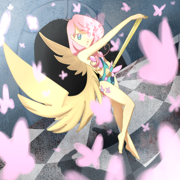 Size: 1000x1000 | Tagged: suggestive, artist:aruva-chan, derpibooru import, fluttershy, butterfly, human, insect, barefoot, bare shoulders, black rock shooter, checkered floor, crossover, cutie mark on human, feet, female, humanized, solo, sword, weapon, winged humanization, wings