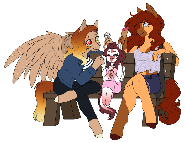 Size: 2666x2061 | Tagged: safe, artist:purplegrim40, derpibooru import, oc, oc:ember rose, oc:firelight, oc:honeypot meadow, unofficial characters only, anthro, dracony, dragon, earth pony, hybrid, pegasus, unguligrade anthro, adopted daughter, adopted offspring, anthro oc, clothes, commission, digital art, earth pony oc, family, female, food, freckles, gradient hooves, gradient mane, heterochromia, ice cream, image, jewelry, lesbian, married couple, napkin, pants, park bench, pegasus oc, png, ring, shorts, simple background, transparent background, wedding ring, wing freckles, wings