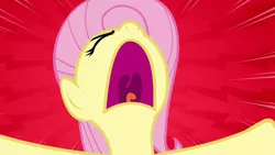 Size: 1280x720 | Tagged: safe, derpibooru import, screencap, fluttershy, pegasus, pony, dragon quest, eyes closed, female, frustrated, hooves out, looking up, mare, no, open mouth, red background, simple background, solo, uvula, volumetric mouth