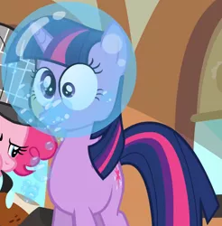 Size: 1746x1771 | Tagged: safe, derpibooru import, screencap, pinkie pie, twilight sparkle, pony, unicorn, mmmystery on the friendship express, bubble, bubble pipe, cropped, deerstalker, female, hat, mare, pipe, scrunchy face, twilight popple, unicorn twilight